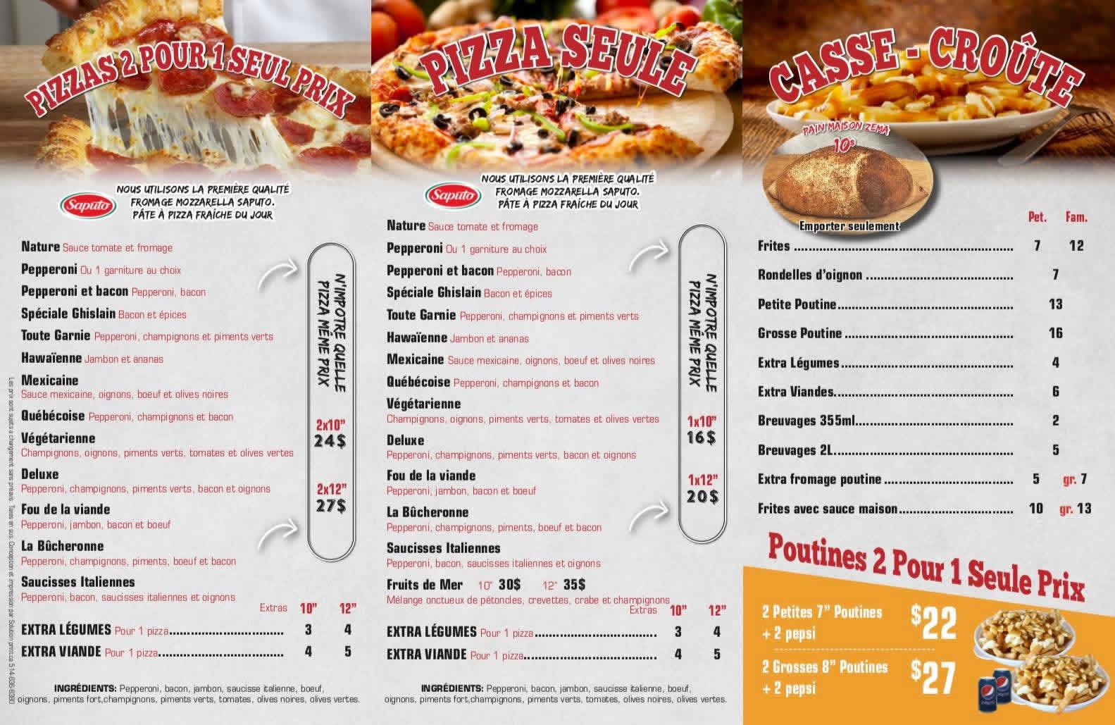 Menu pour emporter : pizzas, casse-croûte et poutines