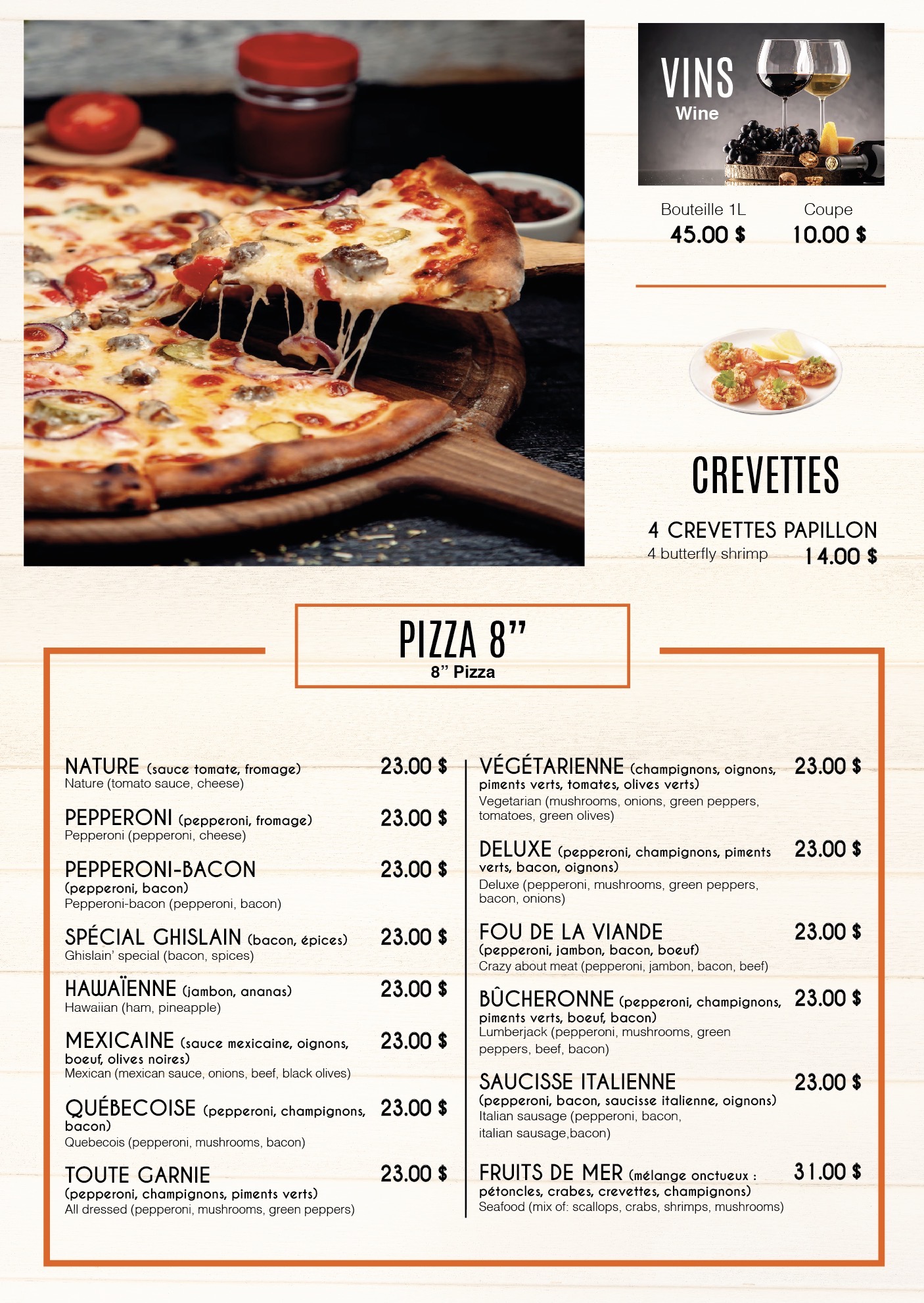 Menu des pizzas huit pouces
