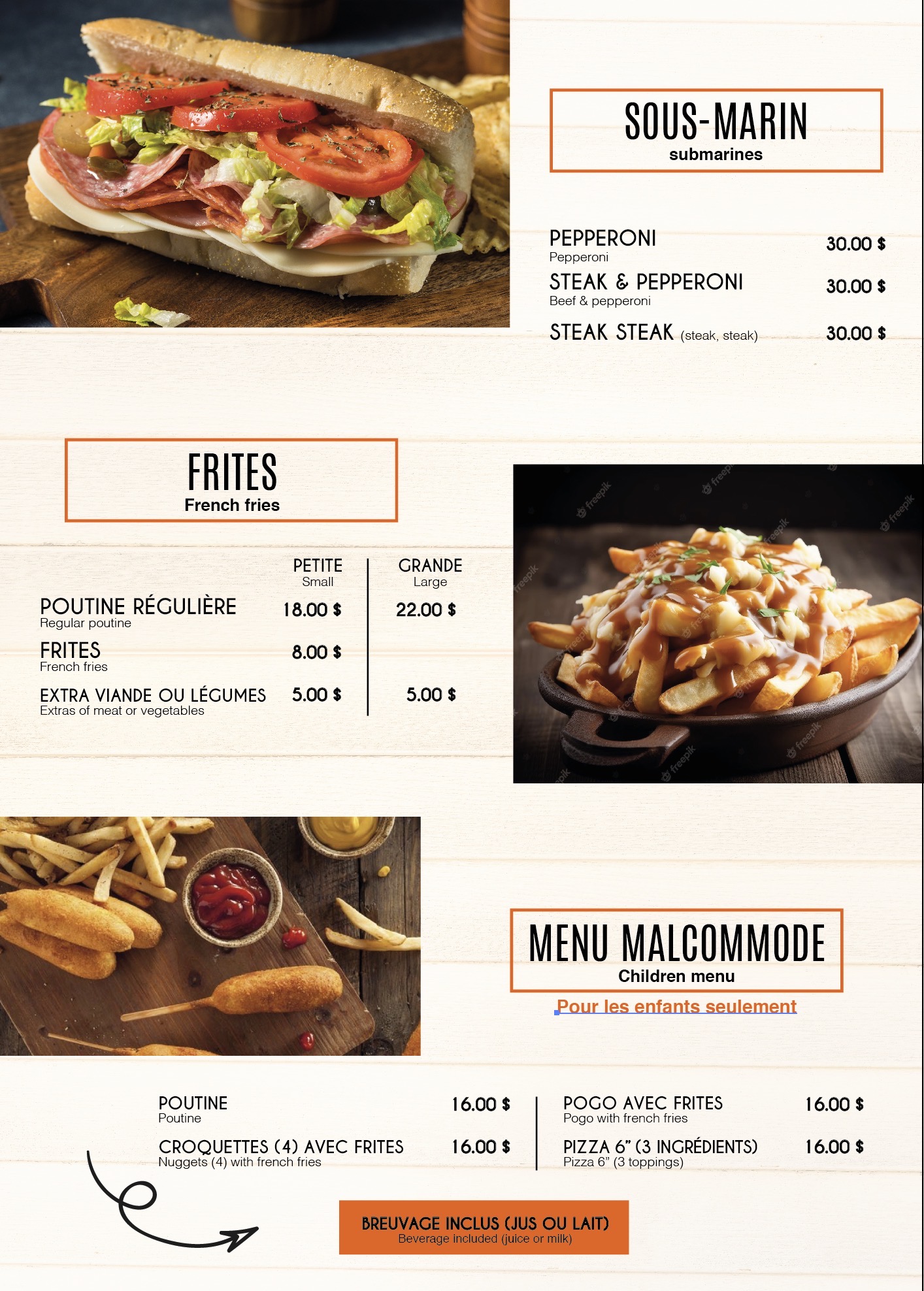 Sous-marins, frites et menu pour enfants