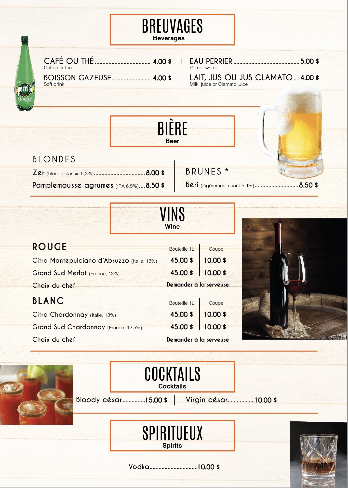Boissons, bières, vins et cocktails